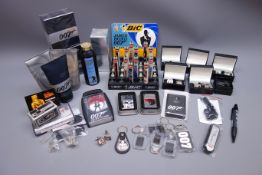 Quantity of James Bond promotional items including twelve BIC lighters in shop display stand,
