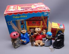 Fisher Price Fire Station, boxed with additional Fire Engine, Cadbury's Smash Martian figure,