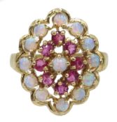 9ct gold opal and ruby cluster ring, hallmarked Condition Report Approx 3.