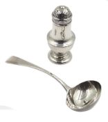 George III silver pepper caster, London 1764 and silver ladle by John,