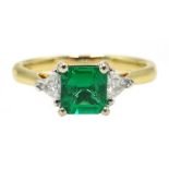 18ct white gold emerald cut emerald and trillion cut diamond three stone ring, hallmarked,