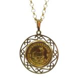 1981 gold 1/10 Krugerrand, loose mounted in gold pendant on gold necklace,