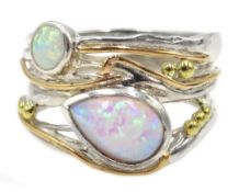 Silver and 14ct gold wire two stone opal ring,