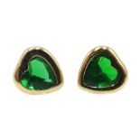 Pair of 9ct gold green stone set heart stud earrings,