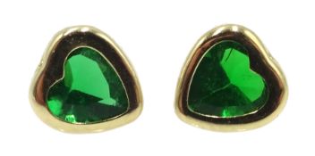 Pair of 9ct gold green stone set heart stud earrings,