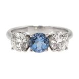 18ct white gold round aquamarine and round brilliant cut diamond three stone ring, hallmarked,