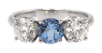 18ct white gold round aquamarine and round brilliant cut diamond three stone ring, hallmarked,