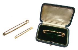 Gold twist bar brooch stamped and two other gold bar brooches, stamped 9ct or tested 9ct, approx 8.