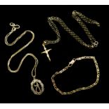 Two 9ct gold pendant necklaces and a chain bracelet all hallmarked Condition Report