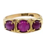 Chinese 18ct gold three stone star ruby ring,