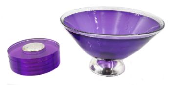 Ex retail: Hallmarked silver mounted purple glass pedestal bowl boxed 16cm diameter and a set of