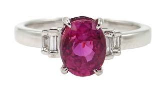 18ct white gold oval pink sapphire ring with baguette diamond shoulders, pink sapphire approx 1.