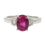 18ct white gold oval pink sapphire ring with baguette diamond shoulders, pink sapphire approx 1.