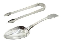 Pair of Georgian silver sugar nips by George Baskerville London 1794 and a dessert spoon approx 2.