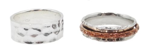 Silver and copper spinner ring and silver beaten finish ring,