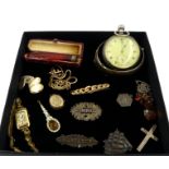 Silver 'Terminus' pocket watch, 9ct gold bar brooch,