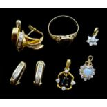 Pair of gold baguette diamond earrings, gold stone set ring and pendant, all hallmarked 9ct,