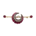 Victorian rose gold graduating ruby, diamond and pearl crescent bar brooch,