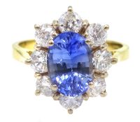 18ct gold oval sapphire and round brilliant cut diamond ring, hallmarked, sapphire approx 2.