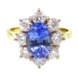 18ct gold oval sapphire and round brilliant cut diamond ring, hallmarked, sapphire approx 2.