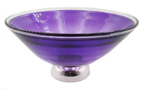 Ex retail: Hallmarked silver mounted purple glass pedestal bowl boxed 21cm diameter