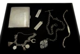 Silver cigarette case, silver watch chain and medal, ingots, bracelets etc all hallmarked approx 7.