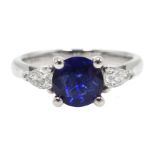 18ct white gold round sapphire and pear shaped diamond ring, hallmarked, sapphire 1.