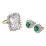 Silver-gilt cubic zirconia dress ring stamped Sil and a pair of green cubic zirconia stud earrings