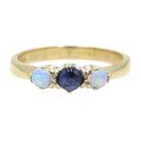 9ct gold cabochon sapphire and opal three stone ring hallmarked Condition Report