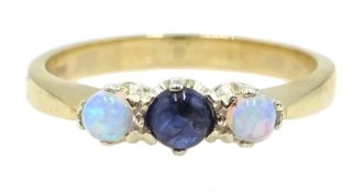 9ct gold cabochon sapphire and opal three stone ring hallmarked Condition Report