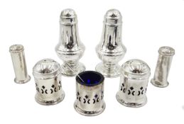 Ex retail: Two pairs silver salt and pepper casters and a three piece condiment set with blue glass