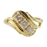 Gold three round brilliant cut diamond stone ring,