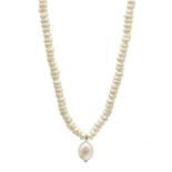 Single strand freshwater pearl necklace with pearl drop, silver clasp stamped 925,