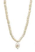 Single strand freshwater pearl necklace with pearl drop, silver clasp stamped 925,