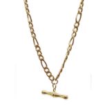 9ct gold figaro link chain necklace, with T bar stamped 375, approx 9.