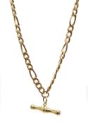 9ct gold figaro link chain necklace, with T bar stamped 375, approx 9.