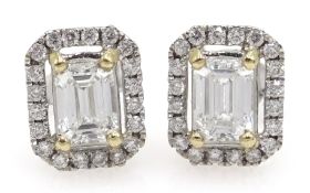 18ct white gold emerald cut diamond halo cluster stud earrings, stamped 750, diamond total weight 1.