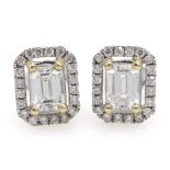 18ct white gold emerald cut diamond halo cluster stud earrings, stamped 750, diamond total weight 1.