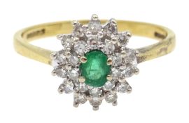 18ct gold diamond and emerald cluster ring, hallmarked Condition Report Approx 3gm,