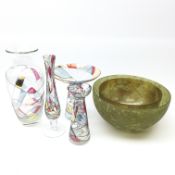 Four contemporary art glass vases with tubeline decoration and two large art glass bowls,