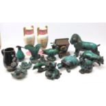 Collection of Canadian Blue Mountain pottery figures, oak wall mounted telephone,