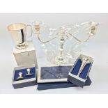 Ex-retail - three branch silver-plated candelabra, picture frame, trumpet vase,