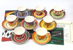 Set of eight Wedgwood Clarice Cliff Cafe Noir coffee cups and saucers comprising Blue Lucerne,