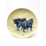 Victorian Mintons wall charger painted in underglaze blue with Cows in a field, signed J.