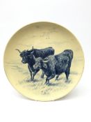 Victorian Mintons wall charger painted in underglaze blue with Cows in a field, signed J.