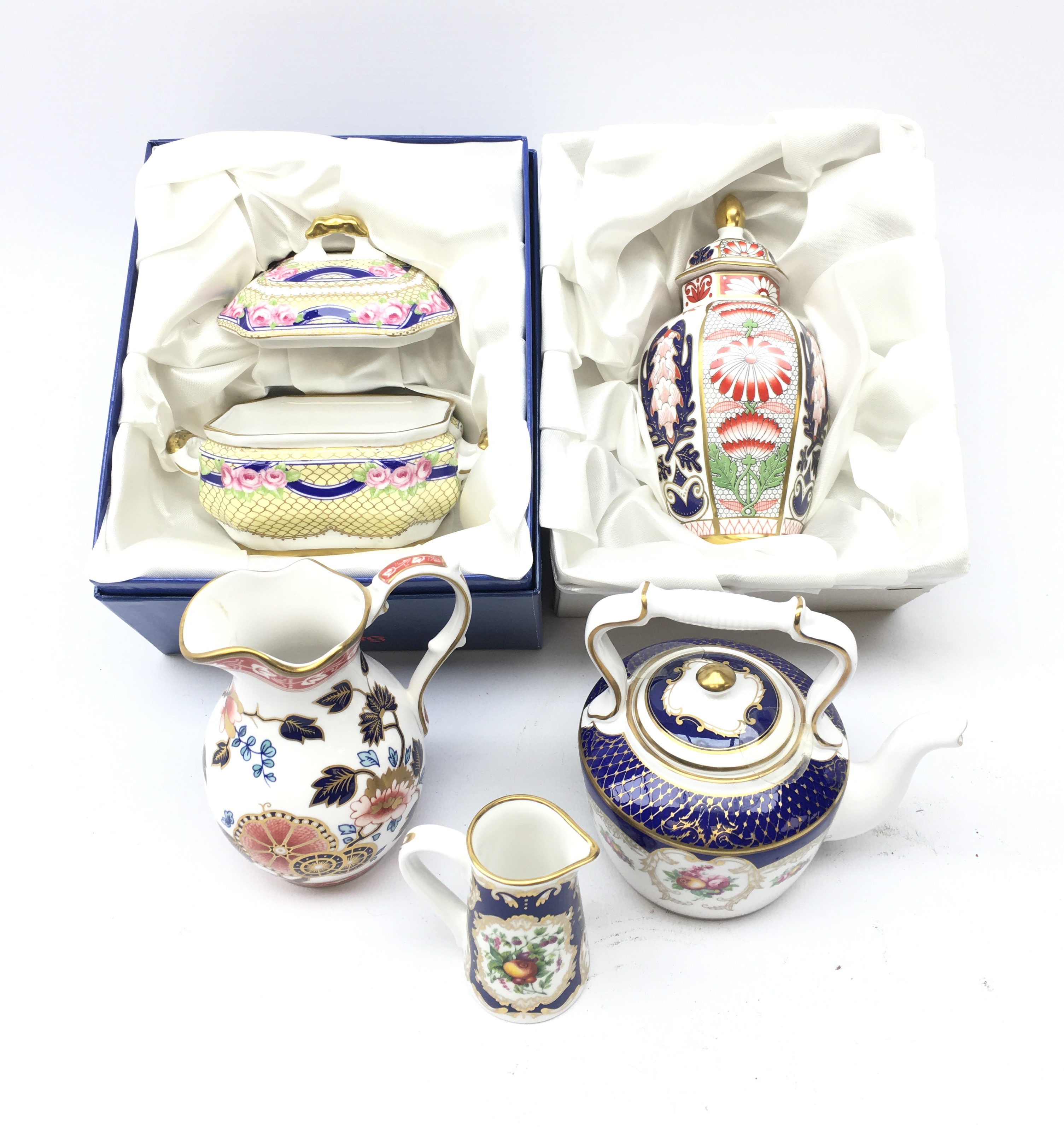 Spode Miniature Treasures comprising Kettle, Windsor Jug, Vase & Cover and casket,