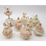 Eight Dresden crinoline Ballerinas, one mounted on pierced musical base,