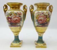 Pair French porcelain urn shaped vases, panels painted with flowers by Bordier,