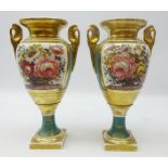 Pair French porcelain urn shaped vases, panels painted with flowers by Bordier,