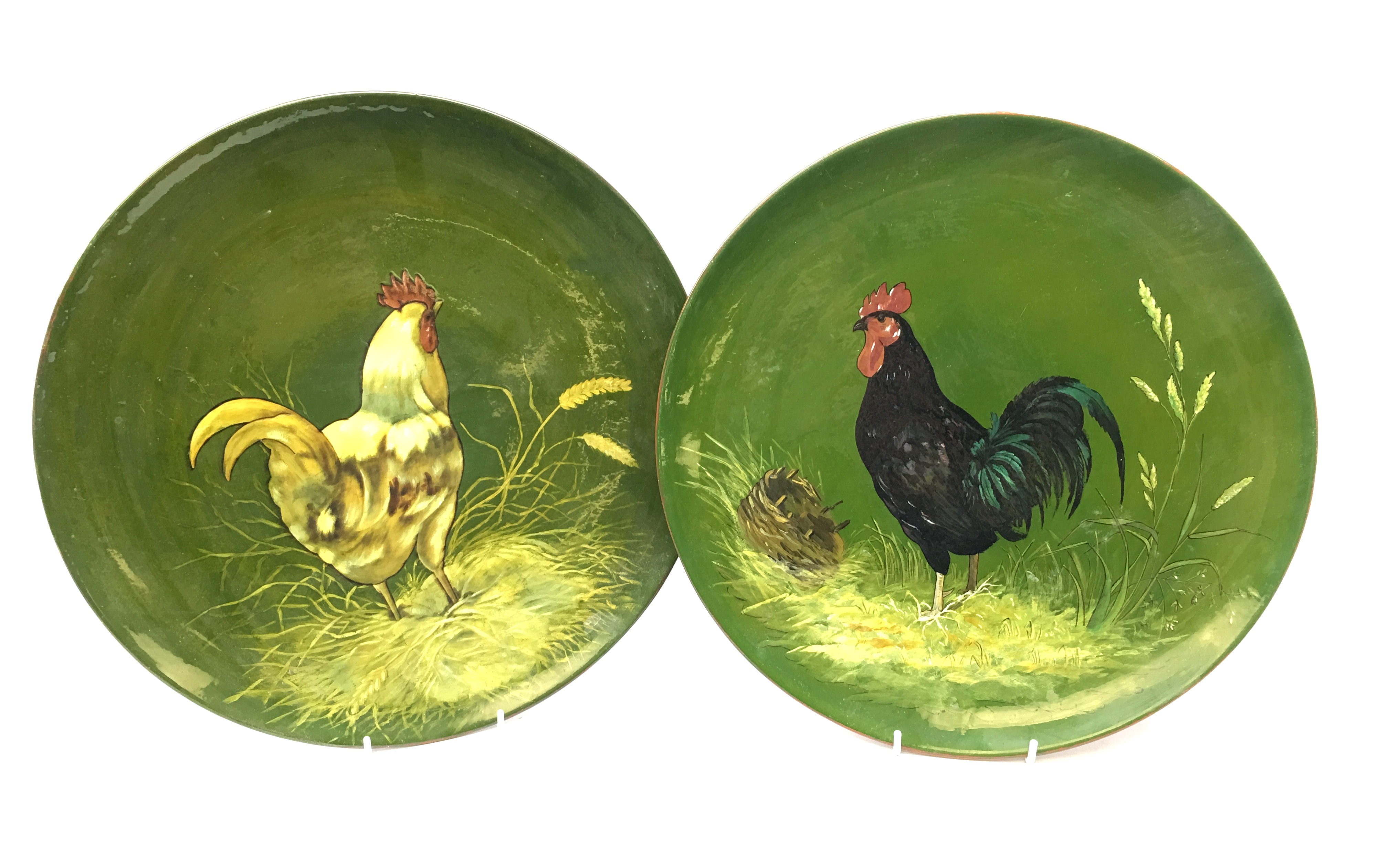 Pair Victorian Minton chargers painted with Cockerels on green ground, impressed marks, D38.